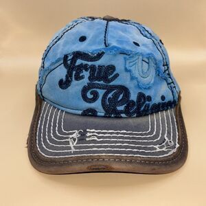 True Religion Men’s Distressed Trucker Cap All Sz Blue Denim Embroidered Vintage